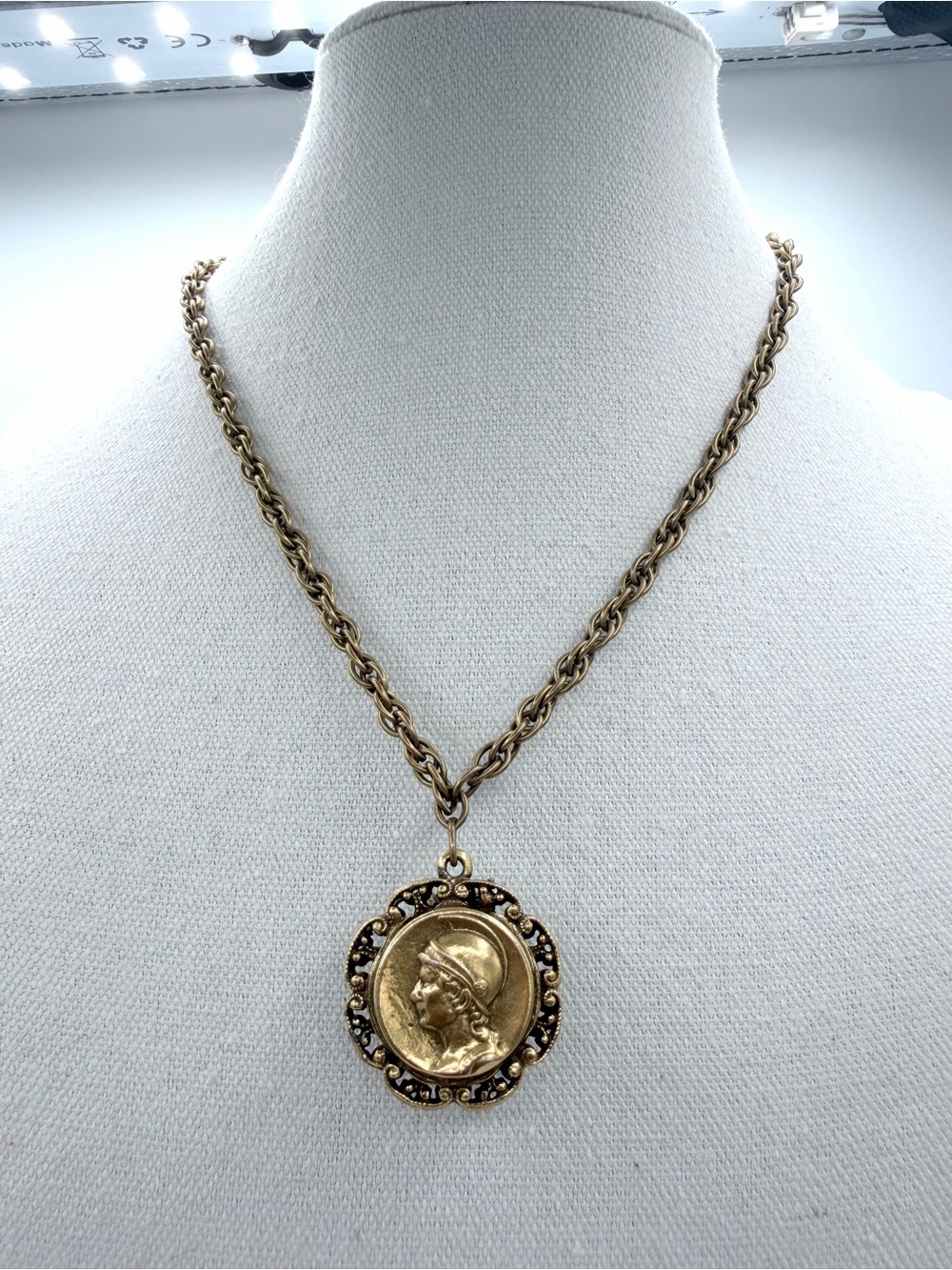 Vintage Victorian Revival Two Sided Pendant Necklace Roman Coin Green Glass Cabi